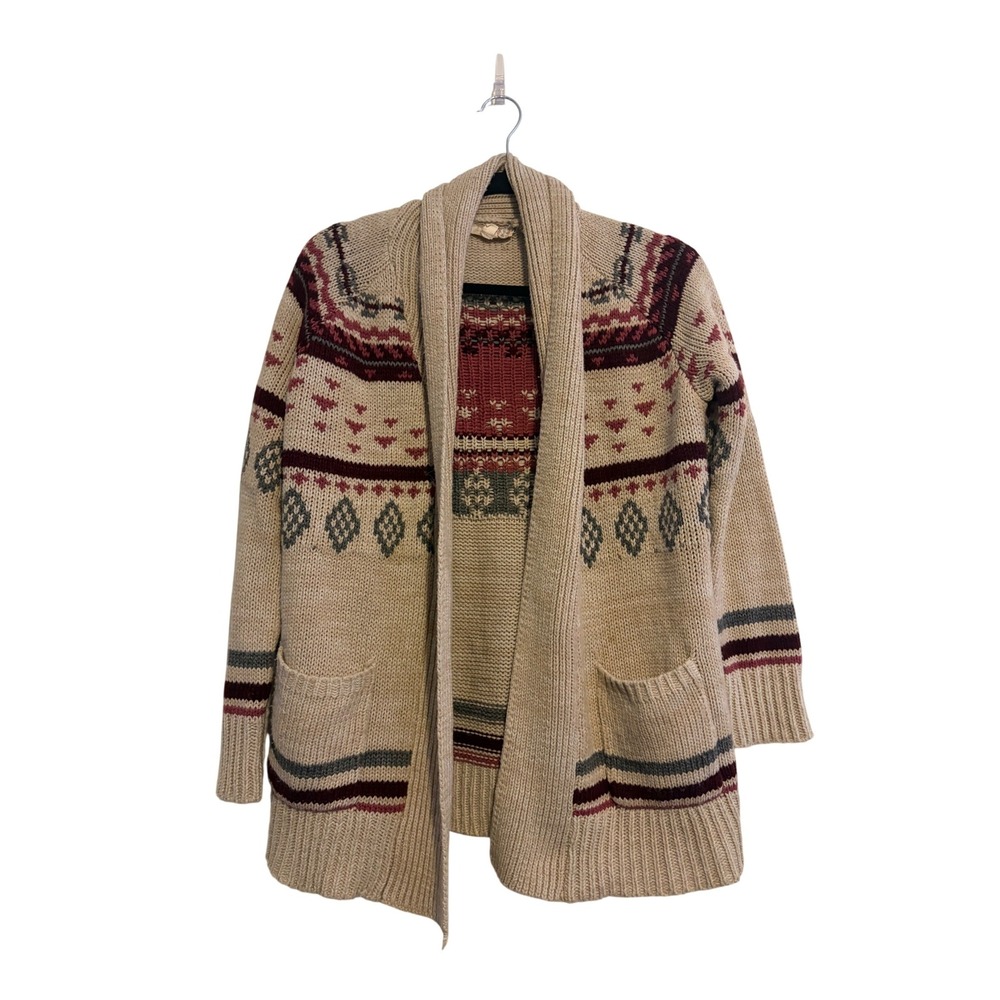 Pink Republic Women's Fair Isle Knit Cardigan‎ Sweater Beige Burgundy Size M